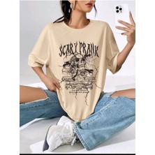 Black Sokak Blacksokak Kadın Bej Scary Prank Oversize Bisiklet Yaka Tshirt