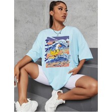 Black Sokak Blacksokak Kadın Bebe Mavi Japon Ördek Baskılı Oversize Bisiklet Yaka T-Shirt