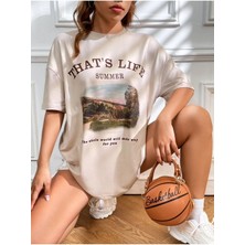 Black Sokak Blacksokak Kadın Bej That's Life Baskılı Oversize Bisiklet Yaka Tshirt