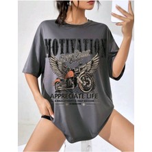Black Sokak Blacksokak Kadın Antrasit Motıvıtıon Oversize Bisiklet Yaka Tshirt