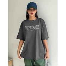 Black Sokak Blacksokak Kadın Antrasit Vintage Baskılı Oversize Bisiklet Yaka Tshirt