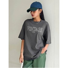 Black Sokak Blacksokak Kadın Antrasit Vintage Baskılı Oversize Bisiklet Yaka Tshirt