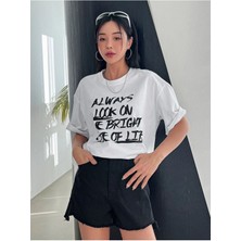 Black Sokak Blacksokak Kadın Beyaz Always Baskılı Oversize Bisiklet Yaka Tshirt