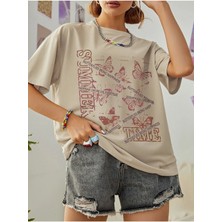 Black Sokak Blacksokak Kadın Bej Summer Baskılı Oversize Bisiklet Yaka Tshirt
