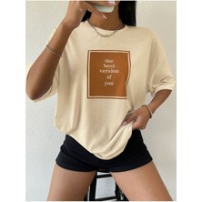 Black Sokak Blacksokak Kadın Bej The Best Baskılı Oversize Bisiklet Yaka Tshirt
