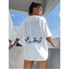 Black Sokak Blacksokak Kadın Beyaz Bıg Wave Baskılı Oversize Bisiklet Yaka Tshirt
