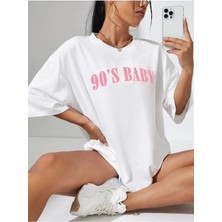 Black Sokak Blacksokak Kadın Beyaz 90's Baby Baskılı Bisiklet Yaka Tshirt