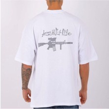 Black Sokak Blacksokak Erkek Beyaz Assavlt Lıfe Baskılı Oversize Bisiklet Yaka Tshirt