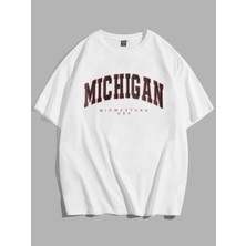 Black Sokak Blacksokak Erkek Beyaz Mıchıgan Baskılı Oversize Bisiklet Yaka Tshirt