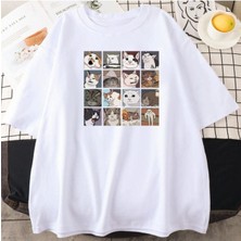 Black Sokak Blacksokak Erkek Beyaz Cat Baskılı Oversize Bisiklet Yaka Tshirt