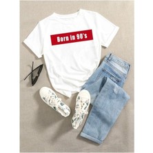 Black Sokak Blacksokak Kadın Beyaz Born In 90's Baskılı Oversize Bisiklet Yaka T-Shirt