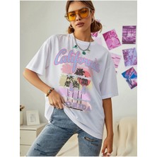 Black Sokak Blacksokak Kadın Beyaz Calıfornıa Baskılı Oversize Bisiklet Yaka Tshirt