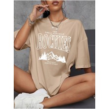 Black Sokak Kadın Bej Rockıes Baskılı Oversize Bisiklet Yaka Tshirt