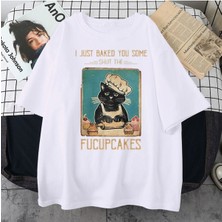 Black Sokak Blacksokak Kadın Beyaz Fucupcakes Baskılı Oversize Bisiklet Yaka Tshirt