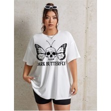 Black Sokak Kadın Beyaz Kuru Kafa Kelebek Bisiklet Yaka Tshirt