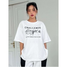 Black Sokak Blacksokak Kadın Beyaz Challenge Baskılı Oversize Bisiklet Yaka Tshirt