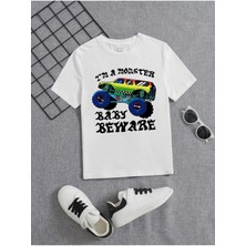 Black Sokak Erkek Çocuk Beyaz I Am Monster Bisiklet Yaka Tshirt