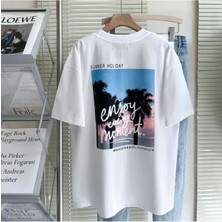 Black Sokak Blacksokak Erkek Beyaz Enjoy Every Moment Baskılı Oversize Bisiklet Yaka Tshirt