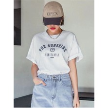 Black Sokak Kadın Beyaz Siyah The Sunshine Baskılı Oversize Bisiklet Yaka Tshirt