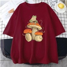 Black Sokak Blacksokak Erkek Bordo Mantar Baskılı Oversize Bisiklet Yaka Tshirt