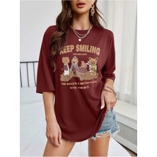 Black Sokak Blacksokak Kadın Bordo Keep Smılıng Baskılı Oversize Bisiklet Yaka Tişört