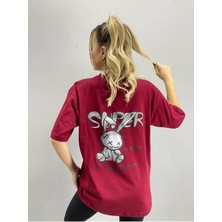 Black Sokak Blacksokak Kadın Bordo Super Baskılı Oversize Bisiklet Yaka Tshirt