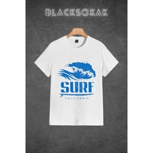 Black Sokak Erkek Beyaz Surf Baskılı Oversize Bisiklet Yaka Tshirt