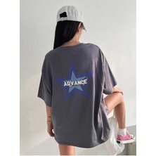 Black Sokak Blacksokak Kadın Füme Advance Baskılı Oversize Bisiklet Yaka Tişört