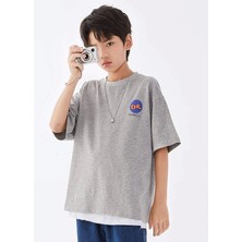 Black Sokak Erkek Çocuk Gri Dk Baskılı Oversize Bisiklet Yaka Tshirt