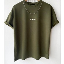 Black Sokak Erkek Haki Tokyo Baskılı Oversize Bisiklet Yaka Tshirt