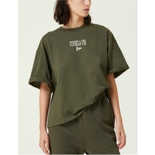 Black Sokak Unisex Haki Vivre La Vie Baskılı Oversize Bisiklet Yaka Penye Tişört