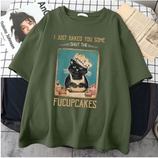 Black Sokak Blacksokak Kadın Haki Fucupcakes Baskılı Oversize Bisiklet Yaka Tshirt