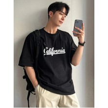 Black Sokak Blacksokak Erkek Siyah California Altı Çizgili Baskılı Oversize T-Shirt