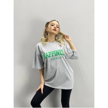 Black Sokak Blacksokak Kadın Gri Happıness Baskılı Oversize Bisiklet Yaka Tshirt