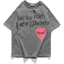 Black Sokak Unisex Gri Lucky Me Baskılı Oversize Bisiklet Yaka Tshirt