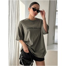 Black Sokak Blacksokak Kadın Haki Learn Baskılı Bisiklet Yaka Tshirt