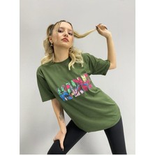 Black Sokak Blacksokak Kadın Haki Marvel Baskılı Oversize Bisiklet Yaka Tshirt