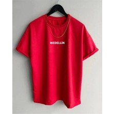 Black Sokak Erkek Kırmızı Medellin Baskılı Oversize Bisiklet Yaka Tshirt