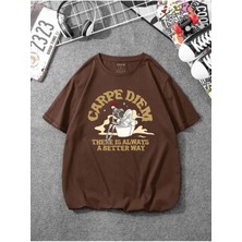 Black Sokak Blacksokak Unisex Kahverengi Carpe Diem Baskılı Oversize T-Shirt