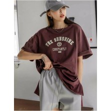 Black Sokak Kadın Kahverengi Beyaz The Sunshine Baskılı Oversize Bisiklet Yaka Tshirt
