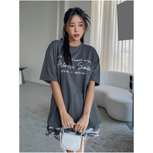 Black Sokak Blacksokak Kadın Füme Always Smile Baskılı Oversize Bisiklet Yaka Tshirt