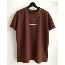 Black Sokak Erkek Kahverengi Istanbul Baskılı Oversize Bisiklet Yaka Tshirt