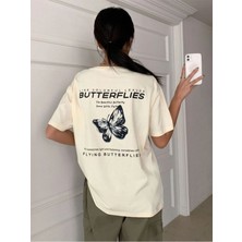 Black Sokak Blacksokak Kadın Krem Butterflies Baskılı Oversize Bisiklet Yaka Tshirt