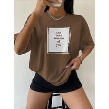 Black Sokak Blacksokak Kadın Kahverengi The Best Baskılı Oversize Bisiklet Yaka Tshirt