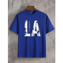 Black Sokak Blacksokak Erkek Mavi La Baskılı Oversize Bisiklet Yaka Tshirt