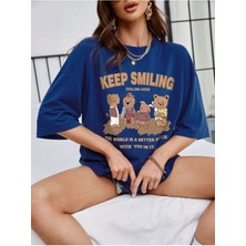 Black Sokak Blacksokak Mavi Kahverengi Keep Smılıng Oversize Bisiklet Yaka Tshirt