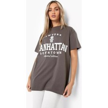 Black Sokak Blacksokak Kadın Koyu Gri Manhattan Baskılı Oversize Bisiklet Yaka T-Shirt