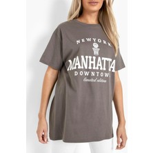 Black Sokak Blacksokak Kadın Koyu Gri Manhattan Baskılı Oversize Bisiklet Yaka T-Shirt