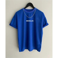 Black Sokak Erkek Mavi Medellin Baskılı Oversize Bisiklet Yaka Tshirt
