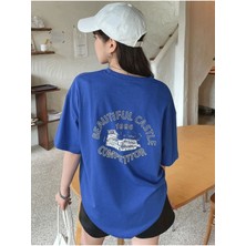 Black Sokak Blacksokak Kadın Mavi Beautıful Baskılı Oversize Bisiklet Yaka Tshirt